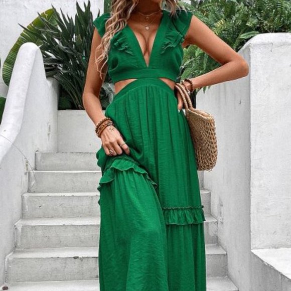 Green V-Neck Flutter-Sleeve Maxi Dress - Picture 1 of 4